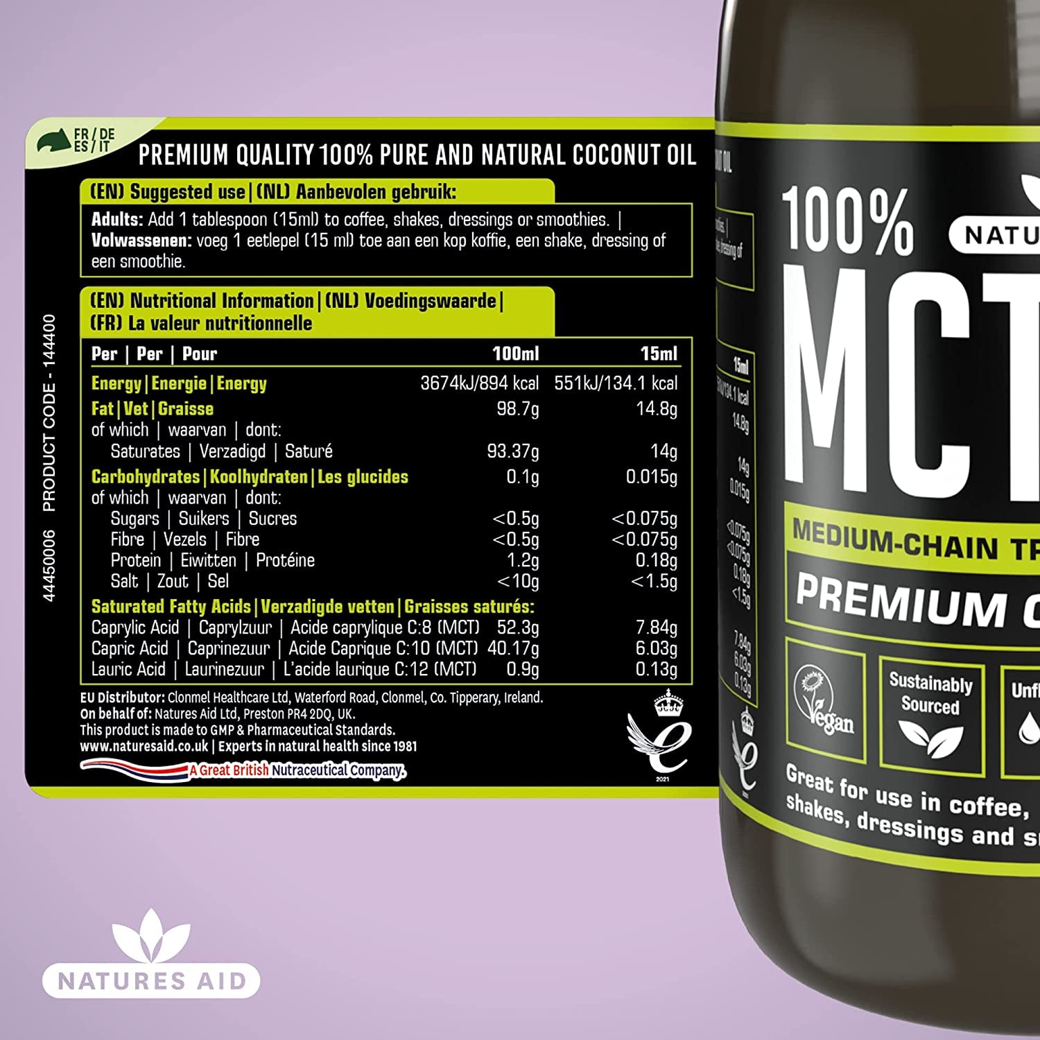 Natures Aid 100 Porcentaje MCT Coconut Aceite 500 Ml