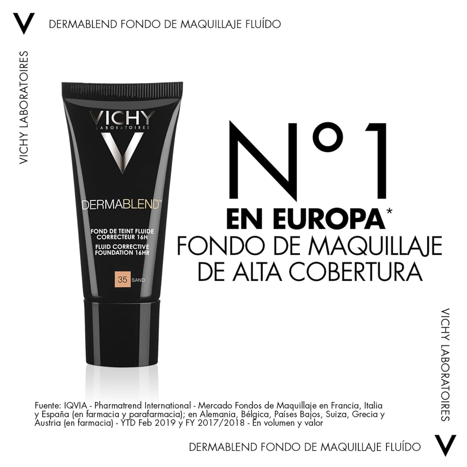 Vichy Base De Maquillaje Fluida Correctora, Alta Cobertura Durante 16 Horas, Disimula Las Imperfecciones, Acabado Mate, Para Todo Tipo De Pieles, Dermablend, Tono: 35 Sand, 30 Ml